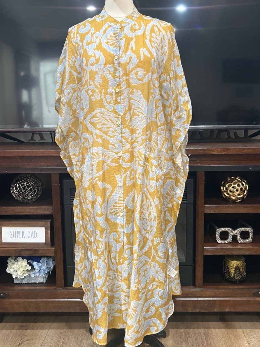 Anthropologie Yellow & White Floral Button-Front Maxi Caftan